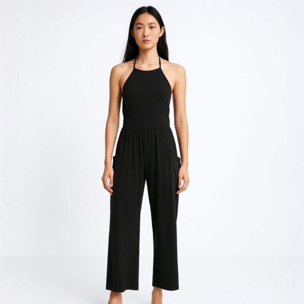 Oak + Fort Women's Black Sleeveless Halter Wide Leg Pockets Romper Jumpsuit Sz L